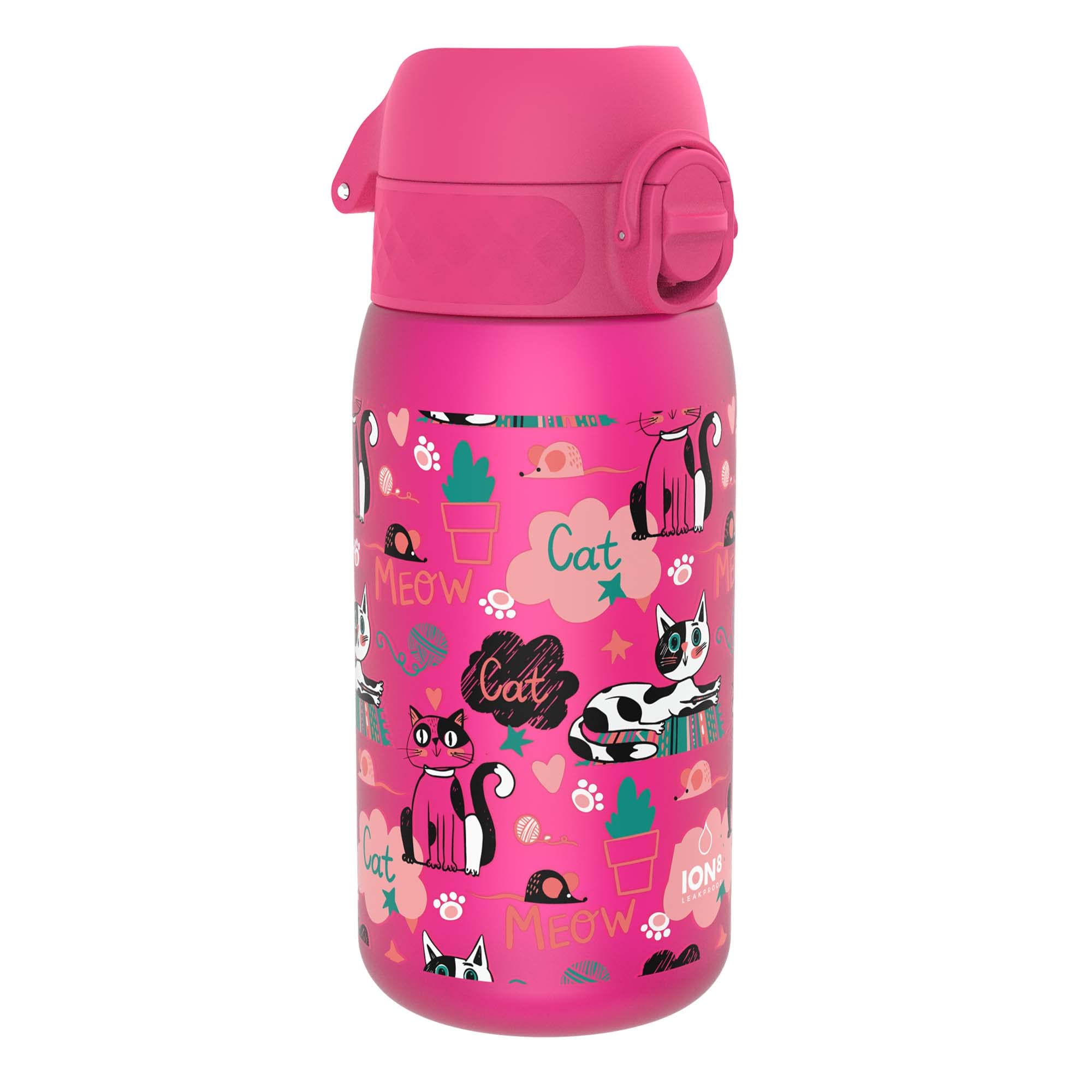 Ion8 Kids Water Bottle, 350ml, Leak Proof, One-Finger Open, Dishwasher Safe, BPA Free, Flip Cover, Carry Handle, Spill-free On-The-Go, Easy Clean Carbon Neutral Recyclon, Pink, Cats