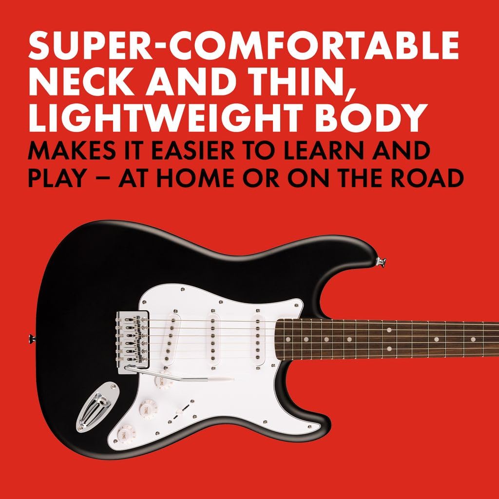 Guitarra eléctrica Fender Squier Debut Series Stratocaster, guitarra para principiantes, con garantía de 2 años, incluye lecciones gratuitas, negra con acabado mate