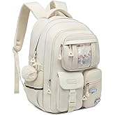 VANKANY School Backpack for Teen Girls, Cute Bookbag for Women College Students Aesthetic 15.6in Laptop Bag for Kids Elementary Middle High School, Beige