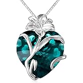 TOUPOP Birth Flower Necklace 925 Sterling Silver Birth Month Floral Pendant Necklace Birthstone Crystal Jewelry Birthday Christmas Gifts for Women