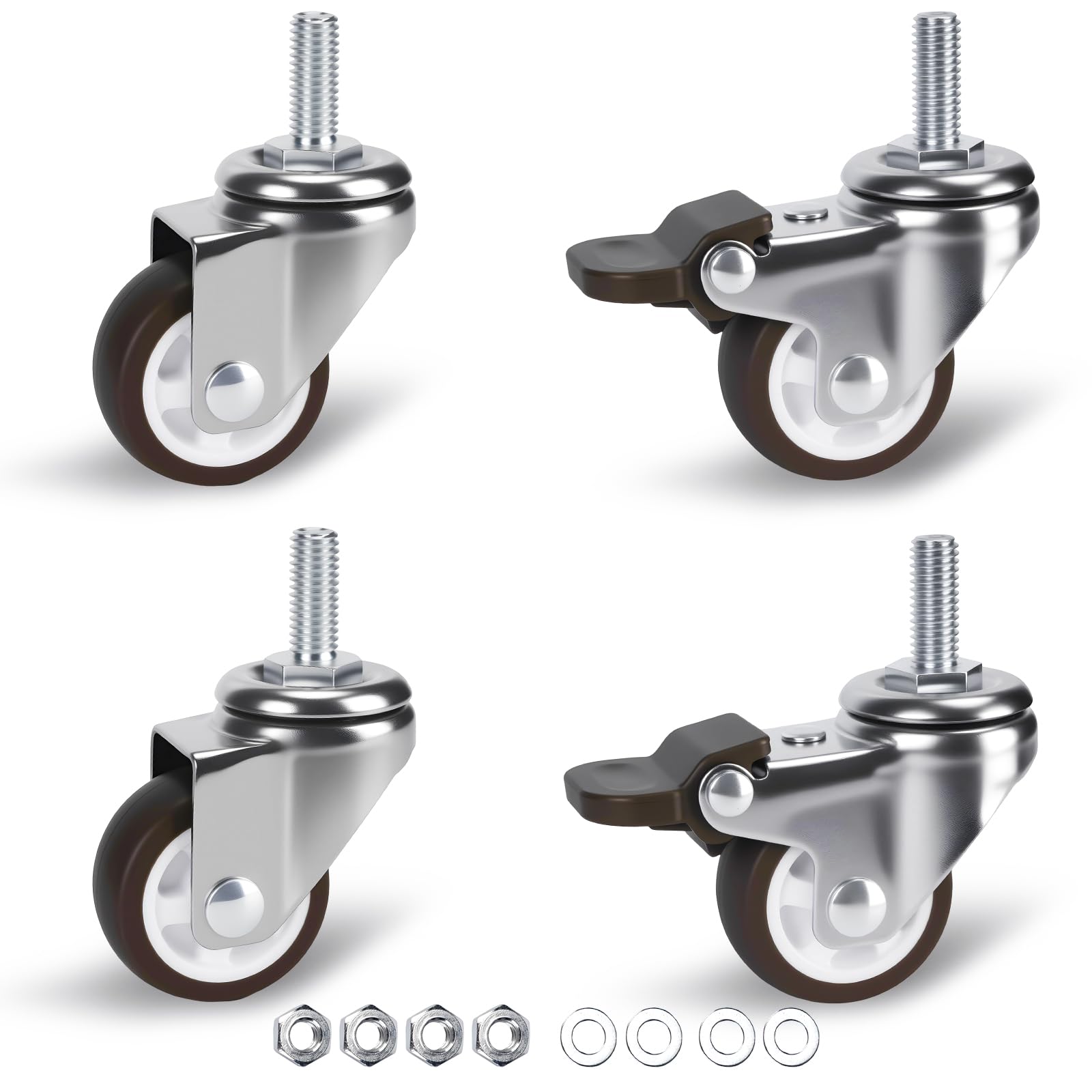 Photo 1 of 1.5 in Stem Casters Set of 4, Small Swivel Caster Wheels with Brake, Heavy Duty Threaded Caster Wheels for Furniture,Cart,Cabinet, Total Load Capacity: 194Lbs,M8x20mm