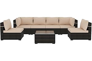 UPHA 7 Pieces Patio Furniture Set Outdoor Sectional Sofa Set, Brown PE Rattan Wicker Conversation Set with Coffee Table for Deck, Backyard, Lawn, Beige