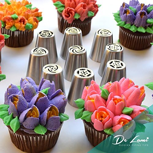 Russian Piping Tips by De Lami 52-Piece Cake Decorating Set with Couplers, Piping Bags and Design Booklet