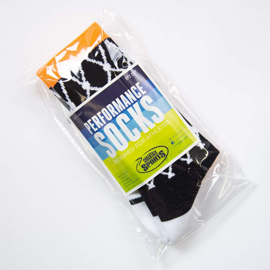 Basketball Woven Mid-Calf Socks | Hoop and Ball | Black & Orange: Clothing