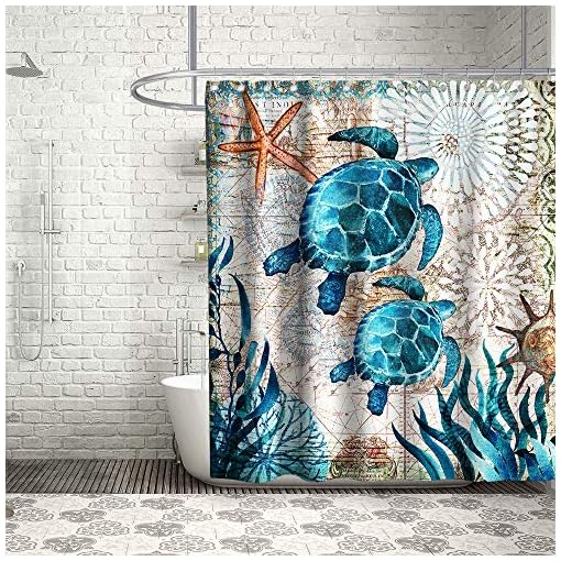 Final Friday Nautical Green Sea Turtles Beach Theme Fabric Shower Curtain Sets Bathroom Blue Ocean Decor With Hooks Beachfront Decor