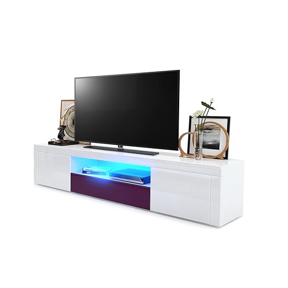 TV Board Lowboard Santiago, Korpus in Weiß Hochglanz / Fronten in Weiß Hochglanz und Brombeer Hochglanz inkl. LED Beleuchtung