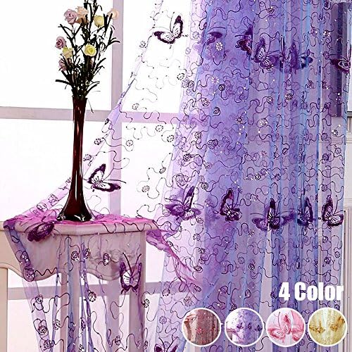 WINYY Sequins Butterfly Sheer Voile Curtain for Bedroom Sliding Glass Door Purple Curtain Drape Rod Pocket Top Tulle Gauze 1 Panel 52 Inch Wide 84 Inch Long