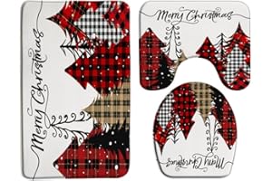 ZKJSMGS Christmas Tree 3 Piece Bath Mat Sets,Xmas Pine Tree Red Black Checkered Plaid Snowflake Winter Holiday Festival Rustic 16"x24"Bath Rug,Toilet Seat Cover, U-Shaped Toilet