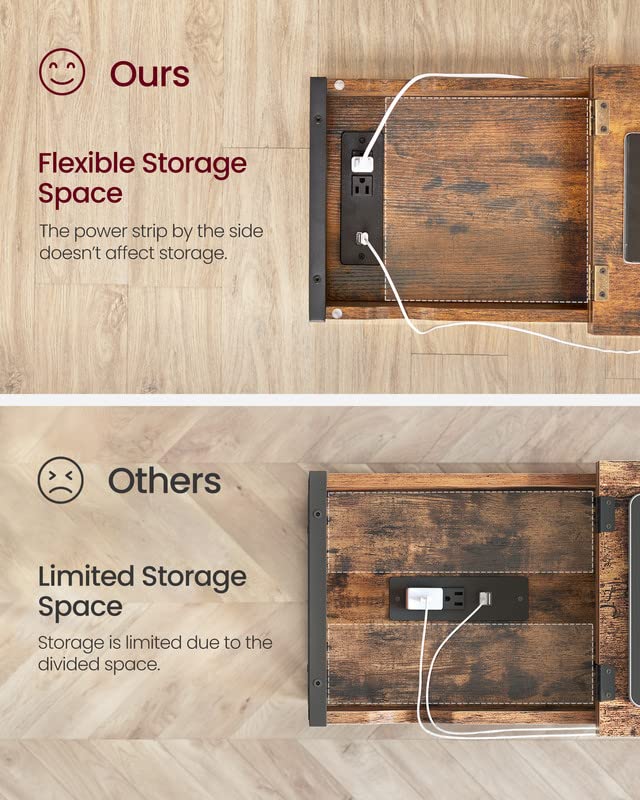 VASAGLE Side Table with Storage, End Table with USB Ports and Outlets, Nightstand with Charging Station, Fabric Bags, for Living Room, Bedroom, Rustic Brown and Black ULET310B01V1