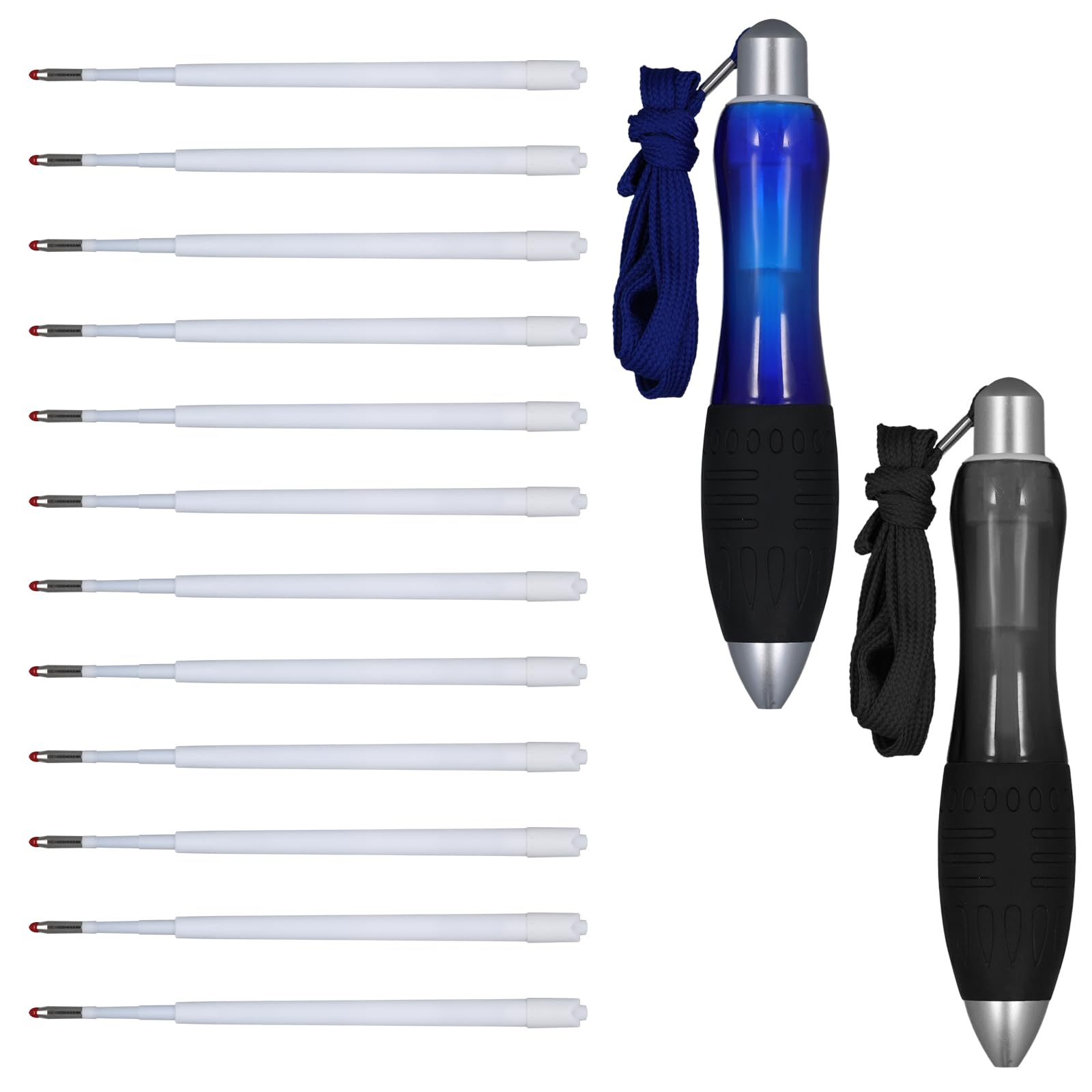 lasuroa 2pcs Fat Pens with 12pcs Refills, with 2pcs Lanyards, Smooth Writing Big Weighted pens Writing Tool for Hand Tremors, Weak Hand (Black + Blue)