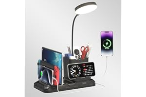 KDD Desk Lamp with USB A&C Charger Ports - Reading Desktop Light with Pen & Phone Holder - Adjustable Brightness Lights with Device Slots - 360°Gooseneck Table Lamp for Home Office College Dorm Room