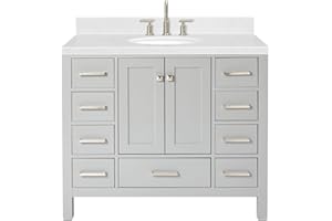 ARIEL Cambridge 42" Grey Bathroom Vanity, 1.5" Edge Carrara White Quartz Countertop & Splash, Oval Sink, 2 Soft Closing Doors, 9 Full Extension Dovetail Drawers, Brushed Nickel