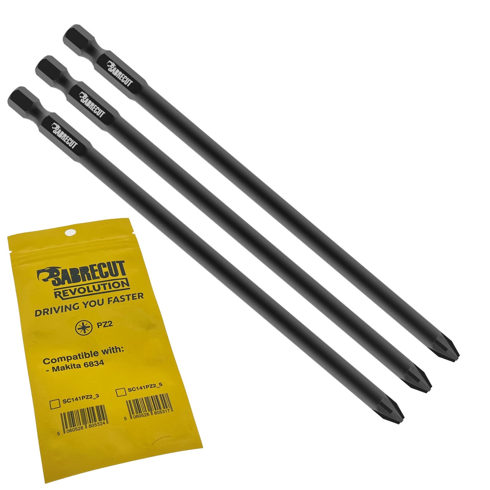 3 x SabreCut SC141PZ2_3 141mm PZ2 Compatible with Makita 6834 P-66282 Autofeed Collated Drywall Screwdriver Gun Bit Single Ended Pozi No.2 Heavy Duty