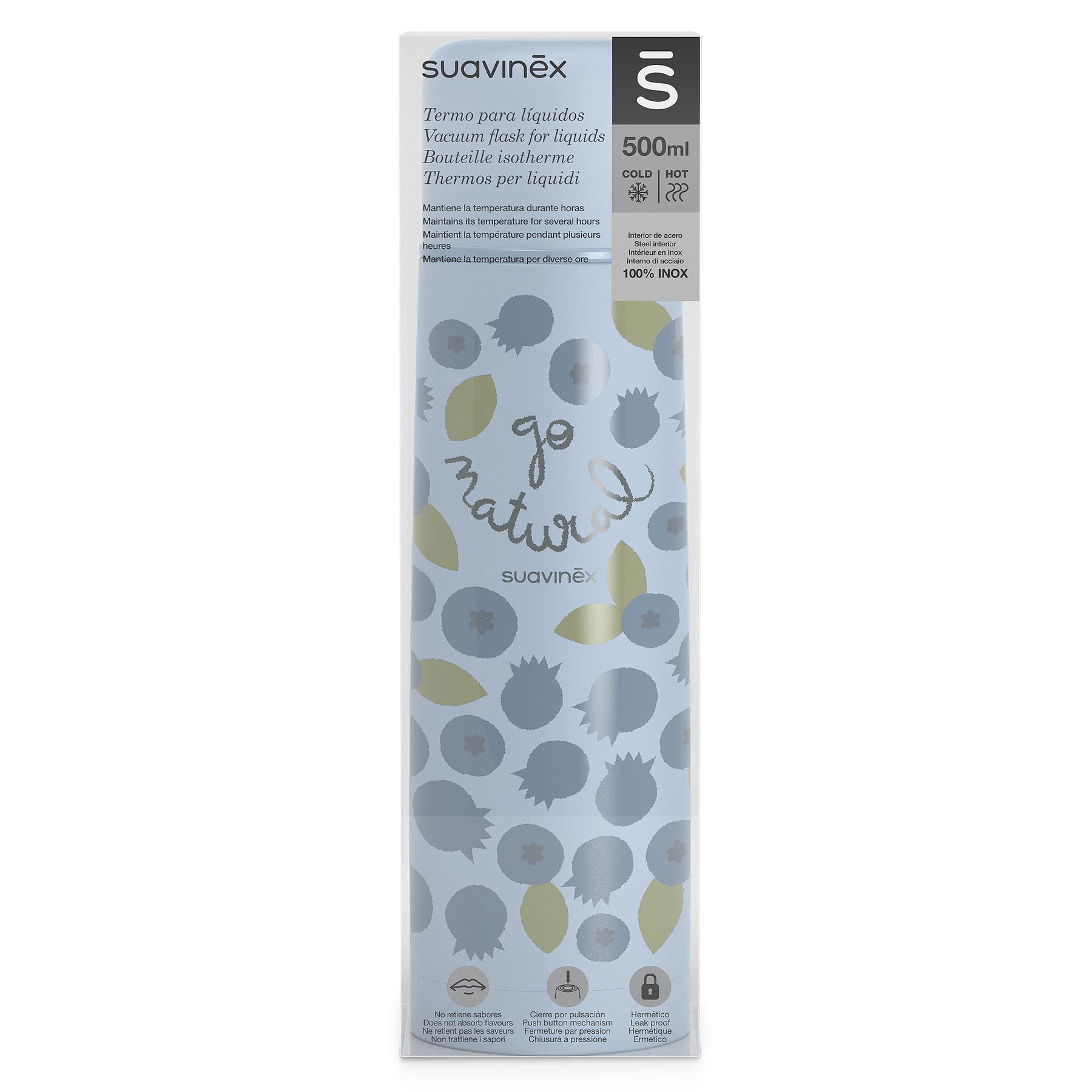 Suavinex, Thermoskanne Baby Unterwegs, Thermosflasche 500 ml Isolierflasche, Edelstahl, Hermetischer Schraubverschluss, Heidelbeere, Blau, 500 ml 2