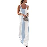 CHARTOU Women Summer Sleeveless Linen Dress Contrast Color Maxi Long Beach Vacation Tank Dress