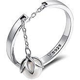 Kokoma Sterling Silver Dangle Freshwater Cultured Pearl Flower Open Statement Ring Adjustable Tassel Band Dangling Charm Ball Engagement Promise Ring Stacking Ring Cute Jewelry for Women