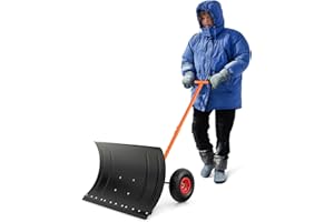 HAPPYGRILL 29" Snow Shovel with Wheels, Snow Shovel with Detachable Cleaning Strip, Adjustable Handle & Large Wheels for Enha