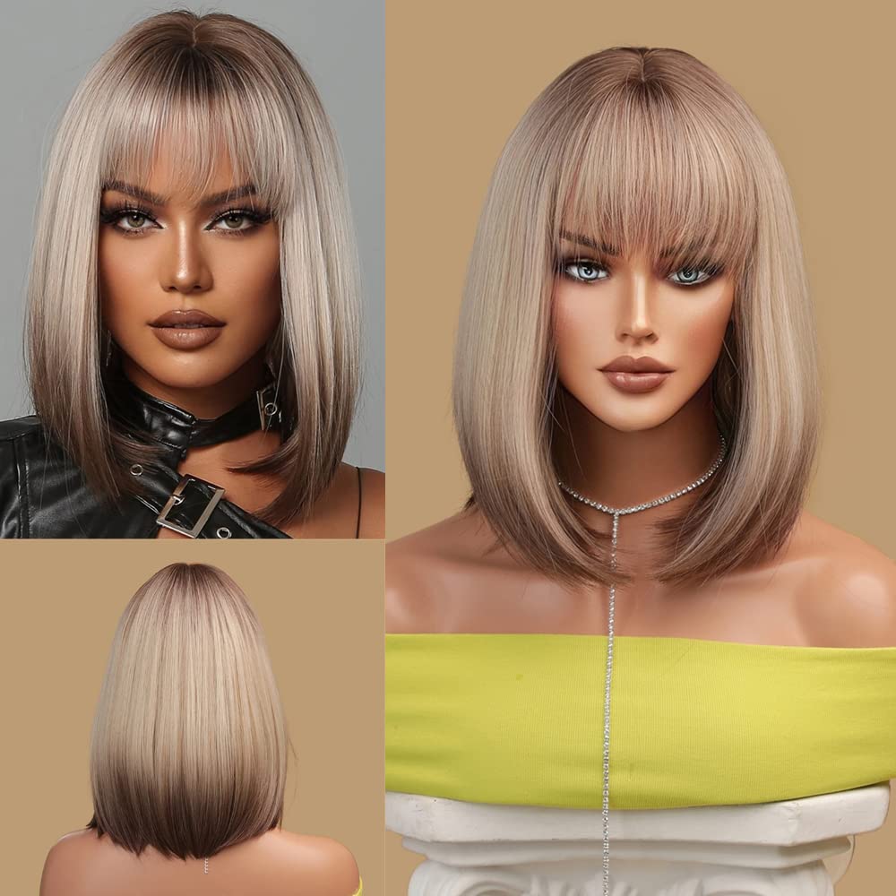 Sapphirewigs Blonde Bob Wigs for Women Ombre Wig with Bangs Short Blonde Bob Hair Daily Party Natural Looking Heat Resistant 14 inch — image 1