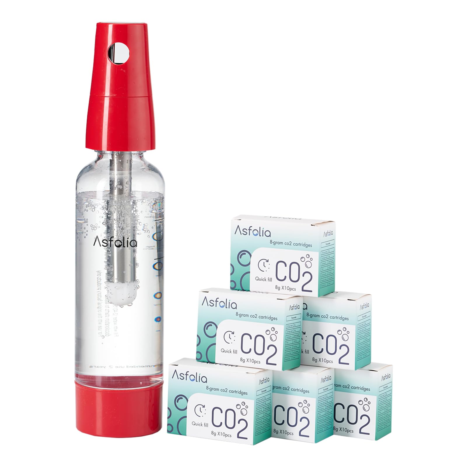 Portable Sparkling Water Maker - Travel Soda Maker for Home & Outdoor, 1L Carbonating Bottle, 60 Pack CO2 Cylinders, Compact Carbonated Water Machine for Flavored Drinks, Soda Machine (Red)