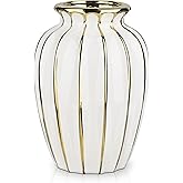 White & Gold Ceramic Flower Vase - 7.8" Modern Vertical Stripe Pottery Wave Vase | Ribbed Textured Flower Vase for Home Decor Bedroom Office Living Room Bathroom Table Centerpiece