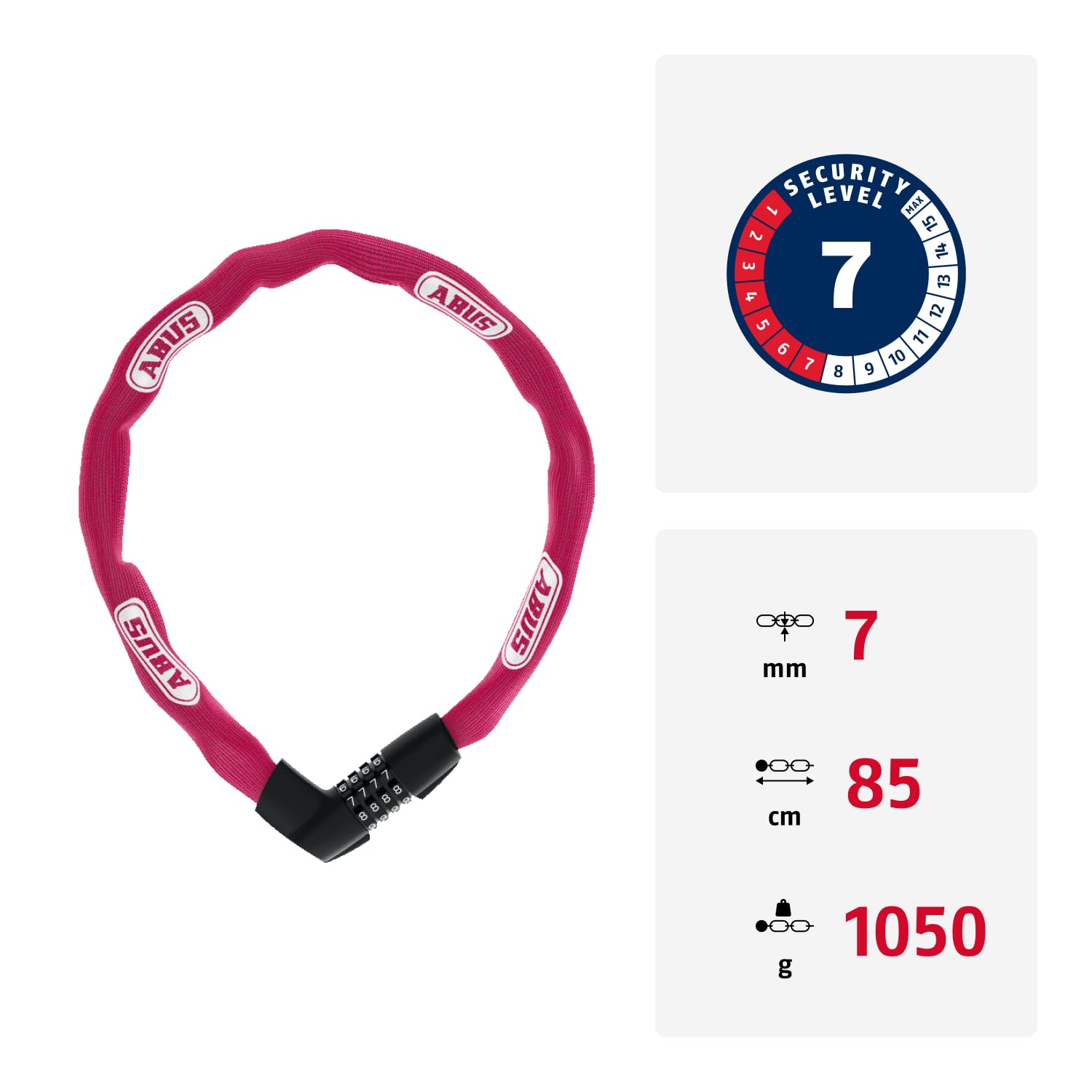 ABUS Kettenschloss Tresor 1385 – Zahlenschloss aus gehärtetem Stahl – 7 mm starke Vierkantkette – ABUS-Sicherheitslevel 7 – 85 cm – Koralle 2