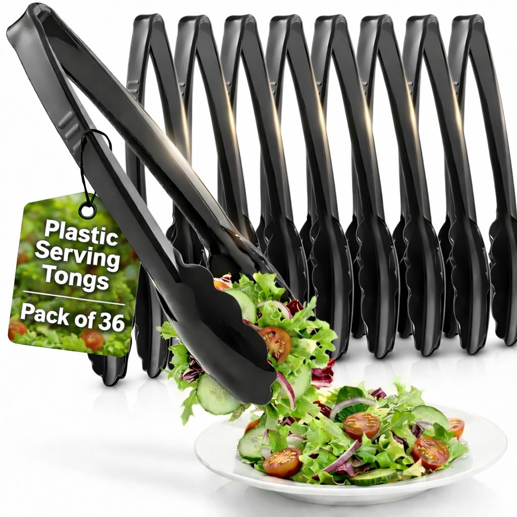 Plastic Tongs for Serving (Pack of 36) 9 Inch - Heavy-Duty Hard Plastic Reusable or Disposable Serving Tongs for Catering, Dinner Parties, Banquets, Buffets, Events, Weddings and Everyday Use, Black Image