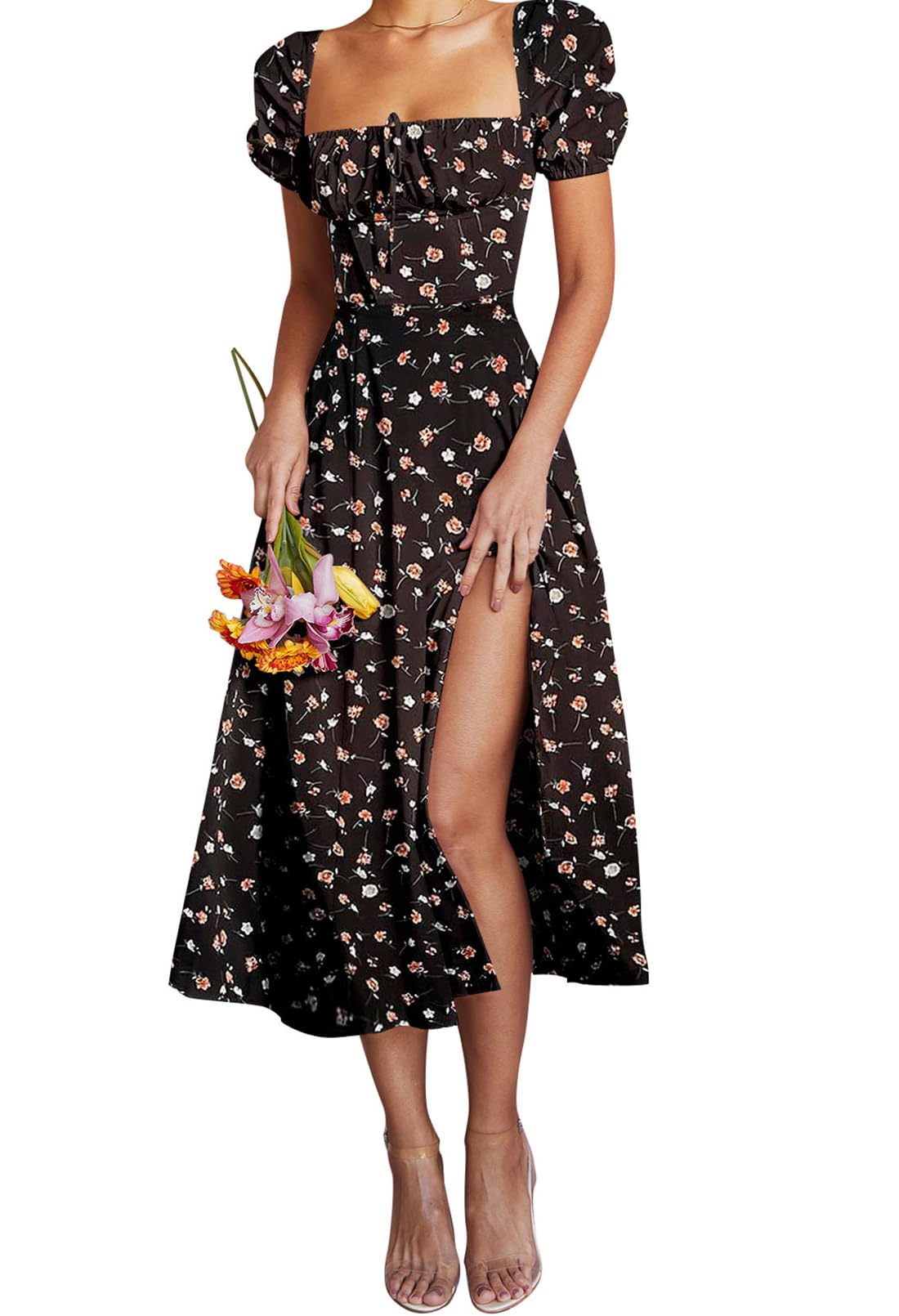Photo 1 of *large* Linsery Women Off The Shoulder Midi Dress Elegant Square Neck Cottagecore Boho Split Dresses Floral Black