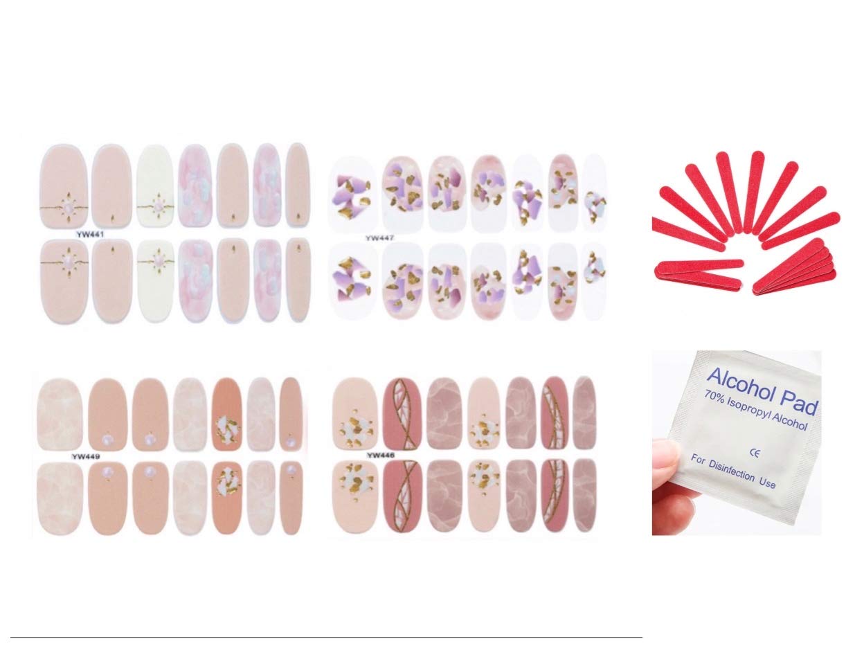 4 Sheets Random Style Nail Polish Stickers Strip/Self-Adhesive Nail Polish Wraps/with 1Pc Nail File / 1 Pc Nail Alcohol Pad/Nail Wraps/Decals Manicure Kit Set (1)