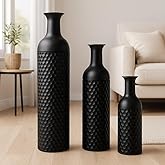 Leewadee Black Tall Floor Vase, Set of 3 Decorative 26/21/16″ Large Vases from Metal for Home Decor Living Room, Style with Pampas Grass for Modern, Vintage, Rustic or Farmhouse Room Decor