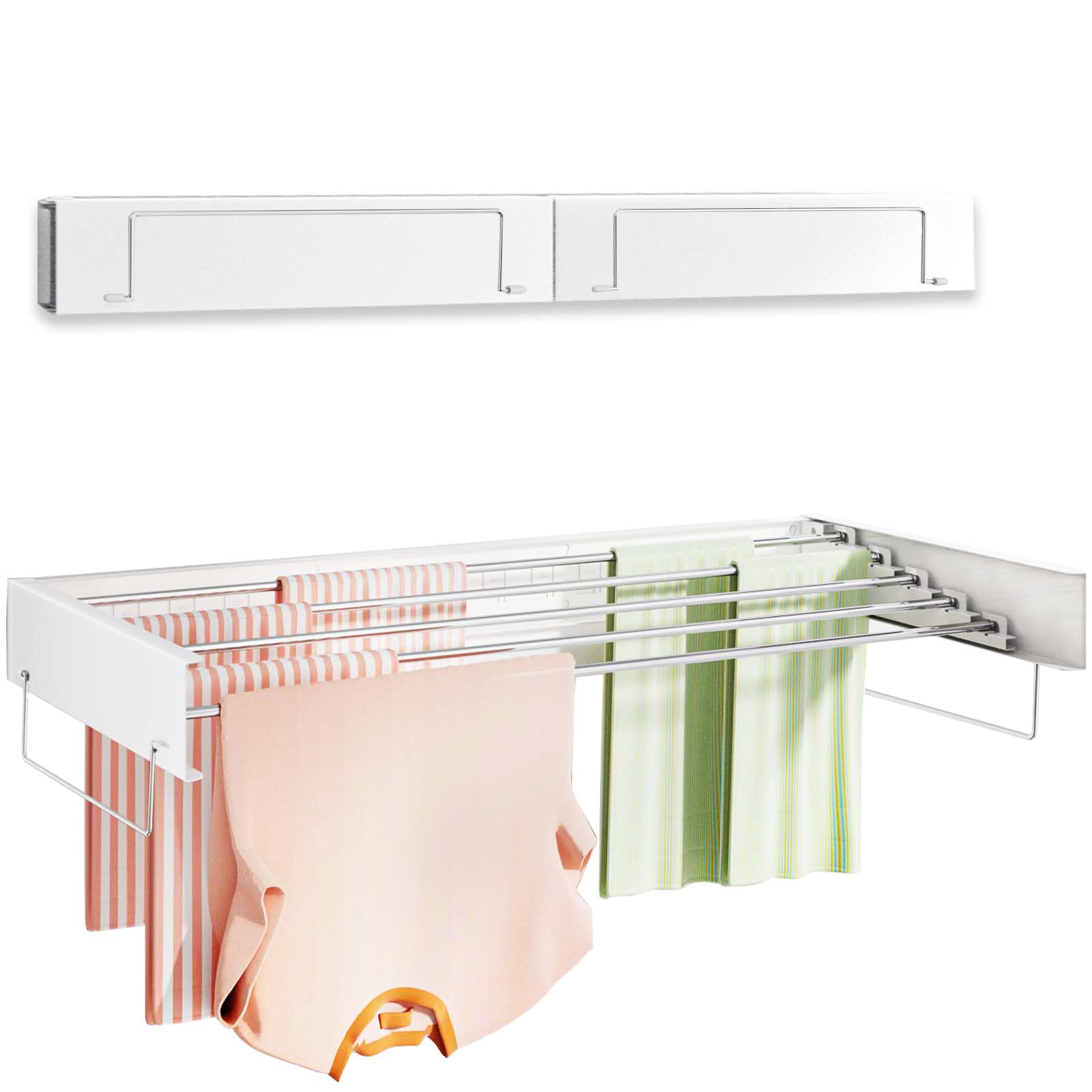 Vikaqi Wall Mounted Clothes Drying Rack 40 inches, Foldable Wall Mount Laundry Drying Rack Folding Indoor, Drying Rack Clothing Collapsible, Towel Drying Rack with Wall Template, 6 Rods, White