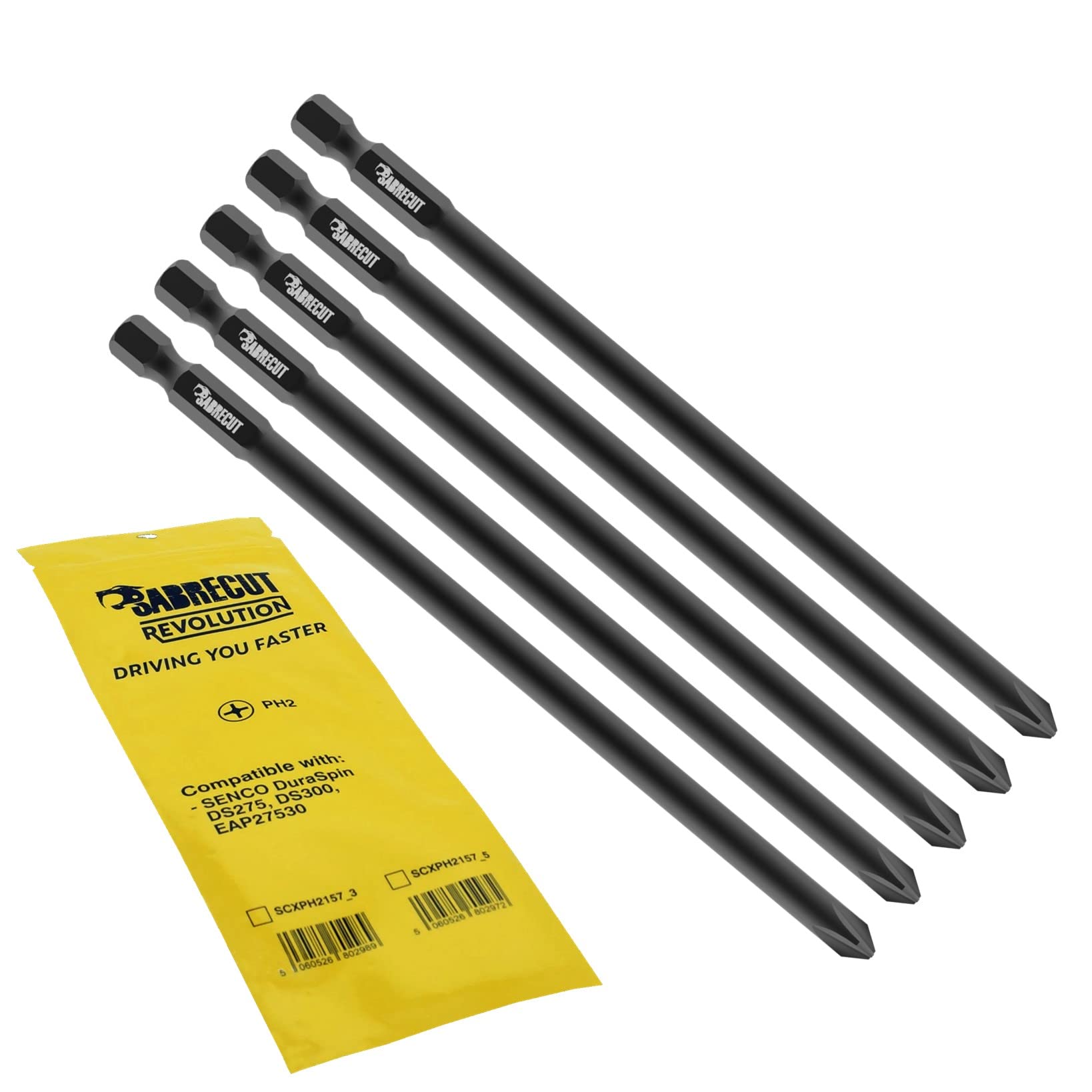5 x SabreCut SCXPH2157_5 157mm PH2 Autofeed Collated Drywall Screwdriver Gun Bit Single Ended Phillips No.2 Heavy Duty Compatible with SENCO DuraSpin EAP27530 DS275 DS300