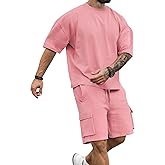 Babioboa Mens Short Sets 2 Piece Outfits Short Sleeve Crewneck Summer T Shirt and Drawstring Casual Track Shorts Set