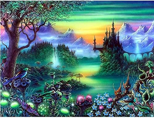 Full Drill 5D DIY Diamond Painting by Number Kits, Asylove Round Crystal Rhinestone Embroidery Cross Stitch - Rainforest Fairyland, Home Wall Decor Living Room 12X16 inches