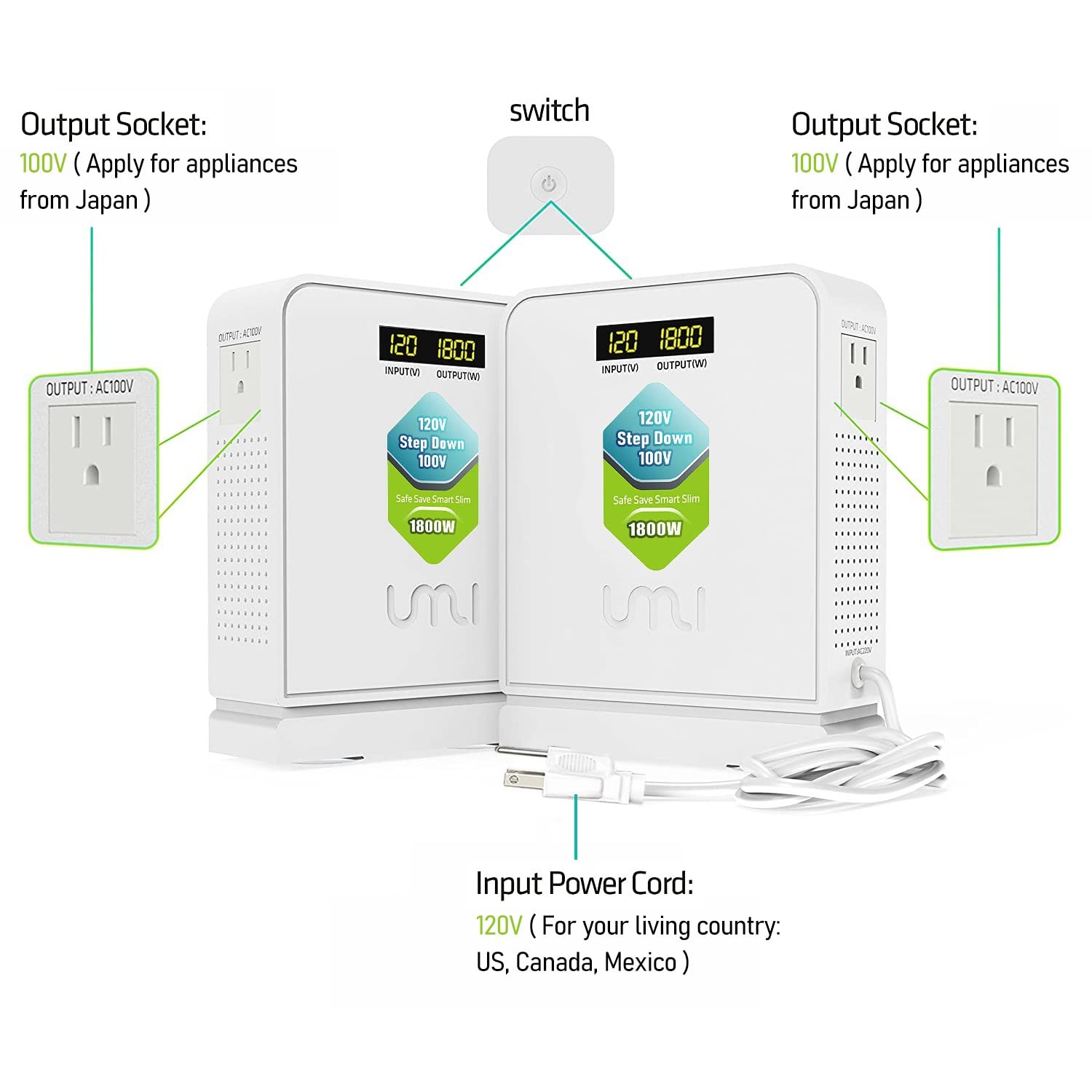 UMI 1800 Watt Voltage Converter Transformer - Heavy Duty Step Down AC 120V to 100V Power Converter - for Japan Appliances Use in US Canada Mexico – CE Certified [3-Year Warranty]