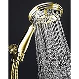 ShowerMaxx Shower Head Premium 6 Spray Settings | Luxury Spa Detachable Handheld Showerhead | Long Stretchable Stainless Steel Hose, Adjustable Mount &amp; Teflon Tape | Polished Brass Hand Held Finish