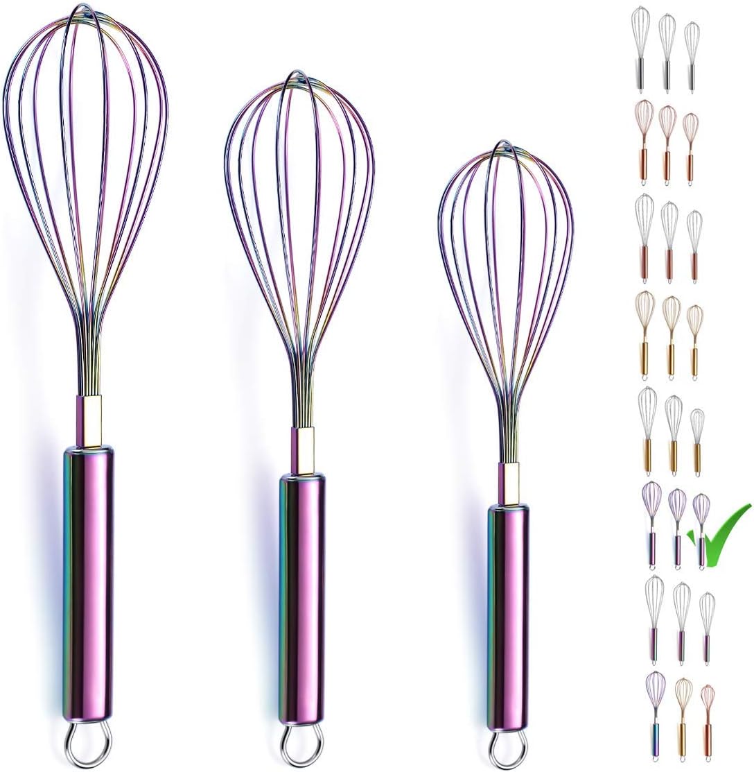 Berglander 3 Pack Rainbow Whisks Stainless Steel 8",10",12", Titianium