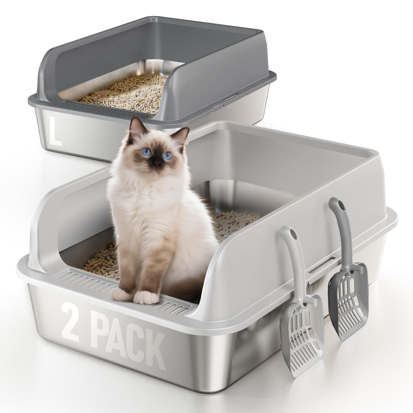 Photo 1 of 2 Pack Stainless Steel Cat Litter Box with Lid, Large Metal Litter Pan for Adult Cats, Multi-Cats, High Sides with Anti-Leakage Enclosure, Easy Cleaning, Non-Stick, Anti-Scratch,Include Scoop