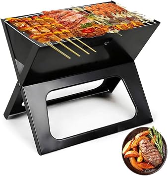 Amazon バーベキューグリル バーベキューマット付き屋外折りたたみ式炭グリル 家族のための木炭バーベキュー ガーデンアウトドアクッキングキャンプピクニックバーベキューパーティー ブラック バーベキューコンロ 焚火台