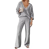 MEROKEETY Women's 2 Piece Outfits Lounge Sets Fall Winter Long Sleeve Knit Sweater Wide Leg Pant Matching Set