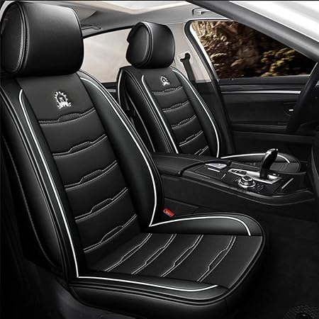 Amazon シートカバー エプロンタイプ レザー 汎用 フロント 軽普通車用 前席 運転席 助手席 オールシーズン 1席分 ブラック ホワイトステッチ スタンダード シートカバー 車 バイク