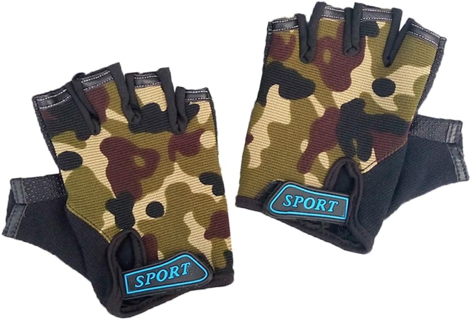 Kids Fingerless Camo Gloves Cycling Bike Sports Gloves for Boys Children Anti-Slip Breathable Camouflage Mittens