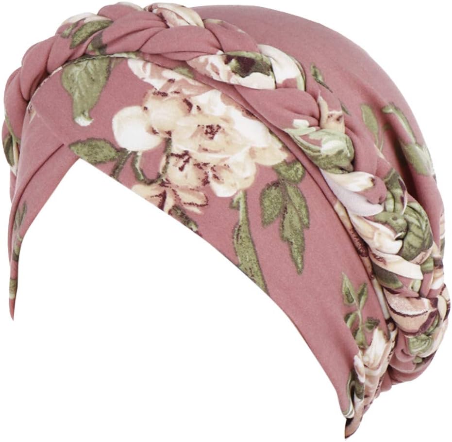 Muslim Turban Caps for Women,Colorful Floral Printed One Plait Elegant Stretch Turban Head Wrap for Cancer Chemo (Pink)