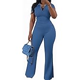 HBQ Women Two Piece Outfit Ribbed Short Sleeve V Neck Polo Top and Flare Pants Casual Lounge Sets Tracksuit