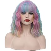 TCAIACT 14" Short Bob Wavy Curly Bangs Wig Multicolor/Blue Gold Pink Air Bangs Shoulder Length Women's Charming Synthetic Wig for Cosplay Party Anime Costume+Wig Cap (Multicolor/Blue Gold Pink)