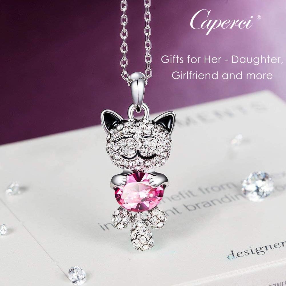 Caperci Cute Lucky Cat SWAROVSKI ELEMENTS Pink Crystal Pendant Necklace - Christmas Jewelry Gift for Daughter Girls: Caperci: Clothing