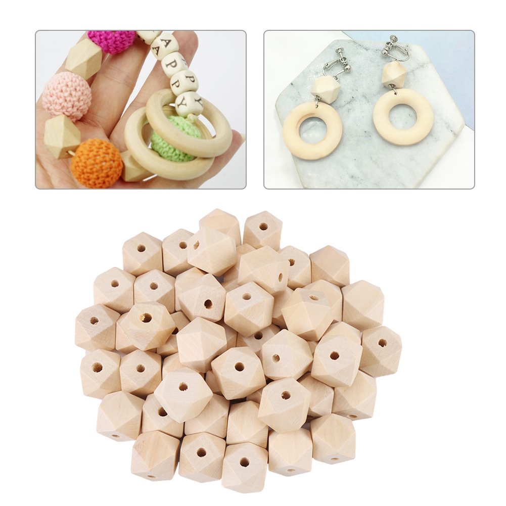Wooden Beads, 50pcs Unfinished Geometric Polyhedron 20mm Natural Wood Faceted DIY Decorative Accessories for Handmade Jewelry Bracelet Garland Hair Craft Projec
