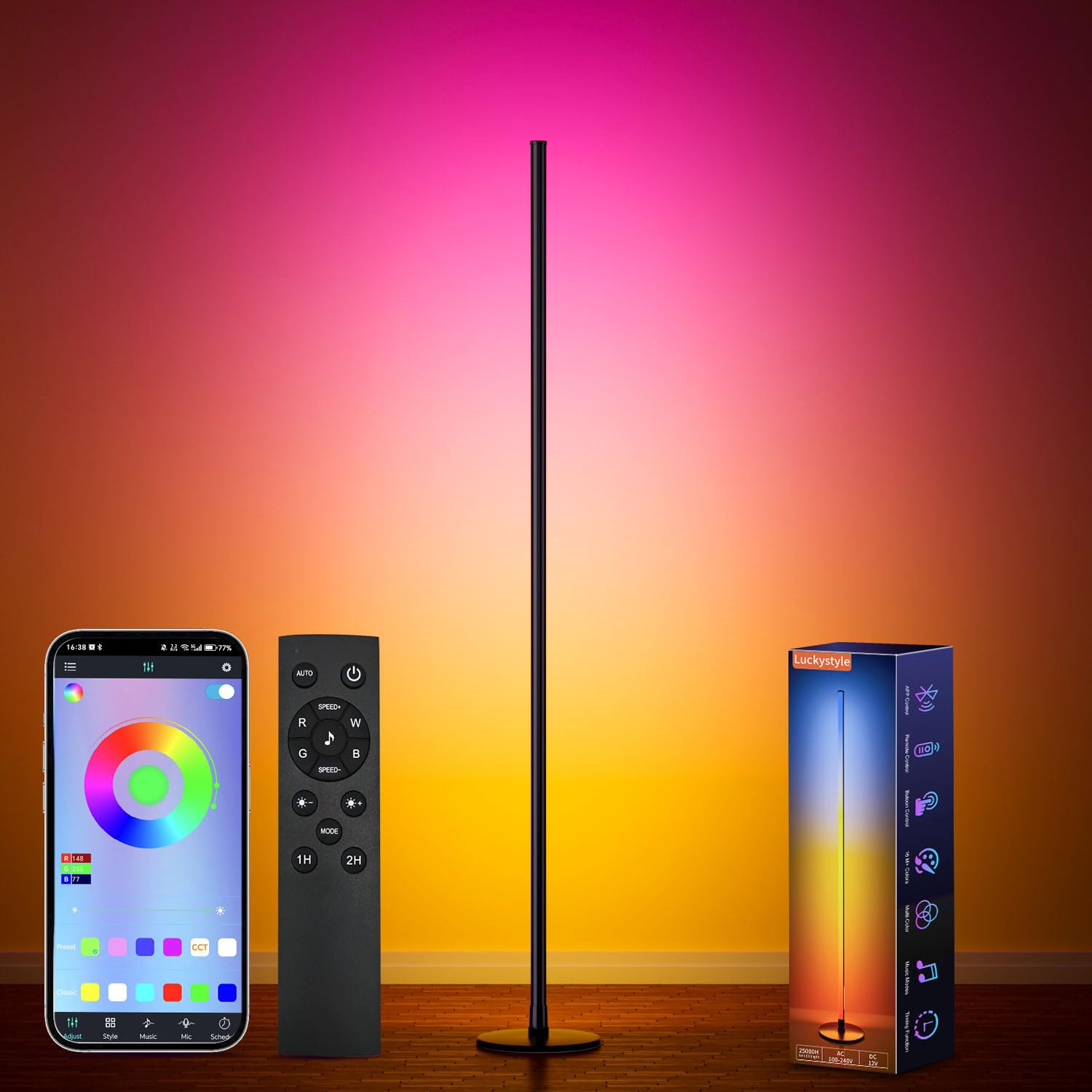 Photo 1 of luckystyle Smart RGB Corner Floor Lamp,Bright LED Tall Modern Floor Lamp with APP and Remote,Ambient Lighting Color Changing Standing Lamps with Music Mode and Timing for Living Room,Bedroom,Party