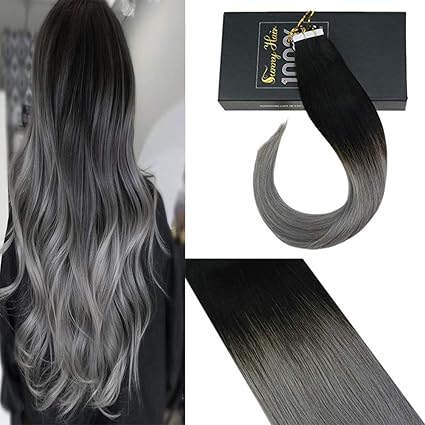 Sunny 20inch Black Ombre Tape In Human Hair Extensions Blue Grey