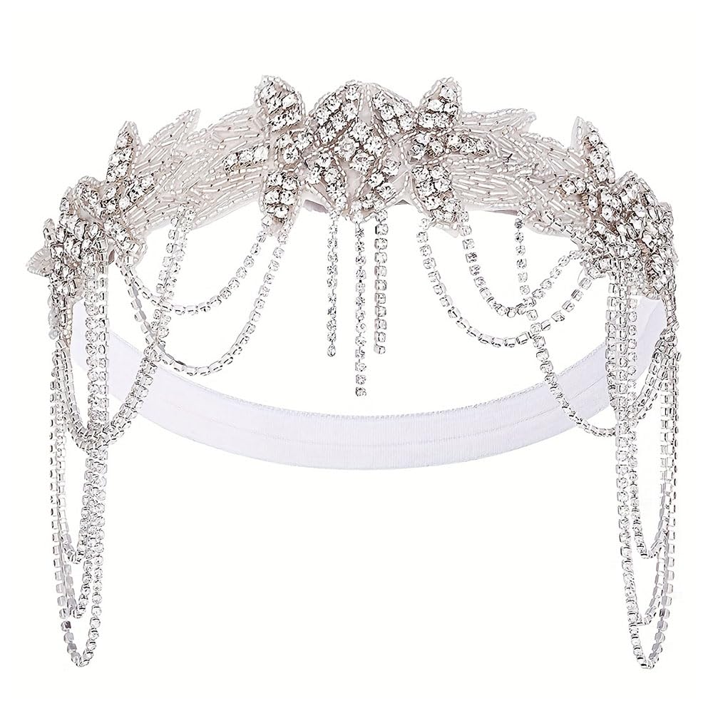 Photo 1 of Sunshinesmile Bride Vintage 1920s Flapper Headpiece Roaring 20s Headband for Women Hair Accessory (White tassel, one size)