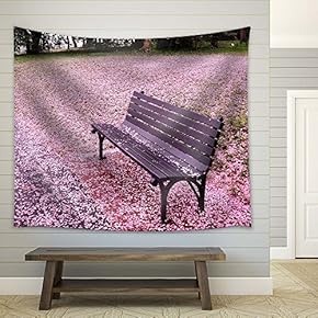 Bench with Cherry Petals - Fabric Tapestry, Home Decor - 51x60 inches